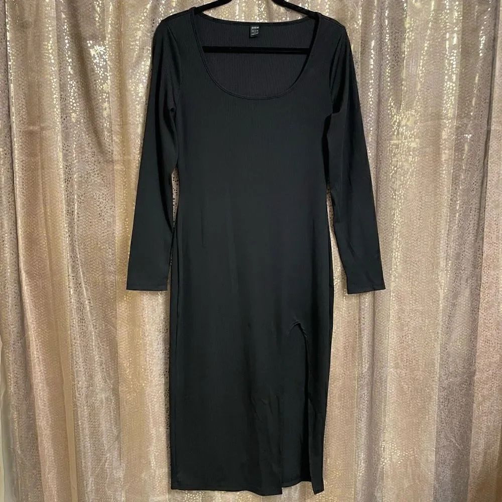 SHEIN Privé Black Long Sleeve Ribbed Square Neck Split Thigh Dress, Large